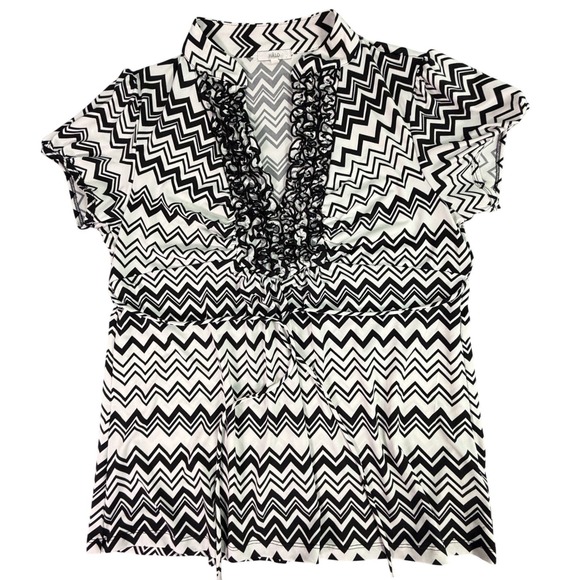 Womens Black White Zig Zag Chevron Ruffle Neck Short Sleeve Dress XL Y2K - Picture 2 of 8